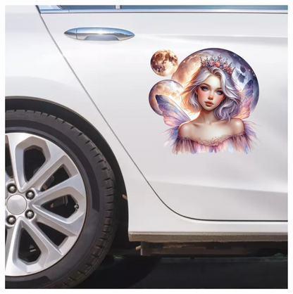 Fairy Woman Silver Hair Pink Moon Vinyl Sticker Decal
