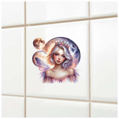 Fairy Woman Silver Hair Pink Moon Vinyl Sticker Decal
