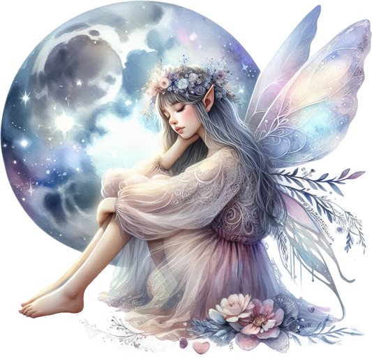 Fairy Moon Blue Wings Flowers Dream Vinyl Sticker Decal