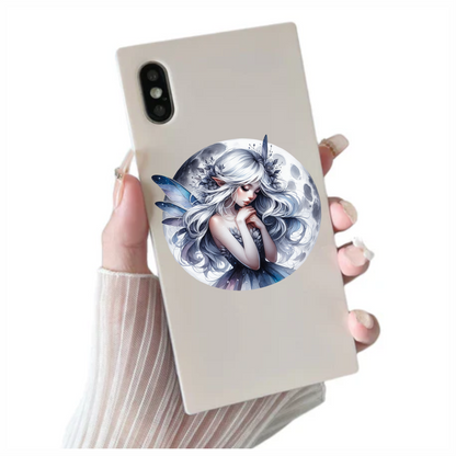 Moon Fairy Silver Hair Blue Wings Vinyl Sticker Decal