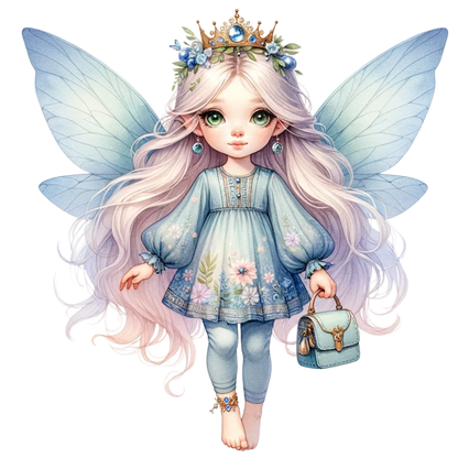 Fairy Girl Blue Wings Crown Bag Vinyl Sticker Decal