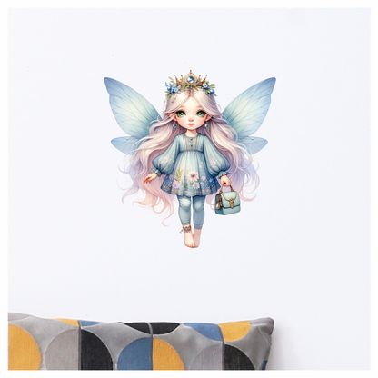 Fairy Girl Blue Wings Crown Bag Vinyl Sticker Decal