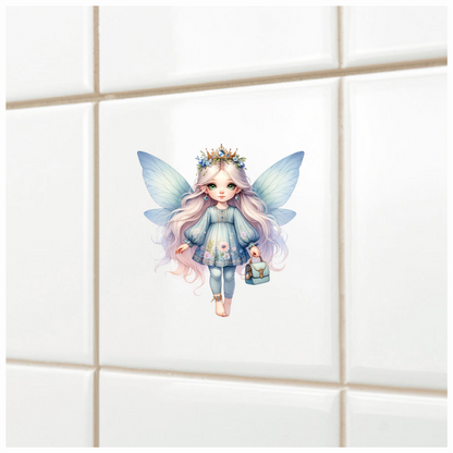 Fairy Girl Blue Wings Crown Bag Vinyl Sticker Decal