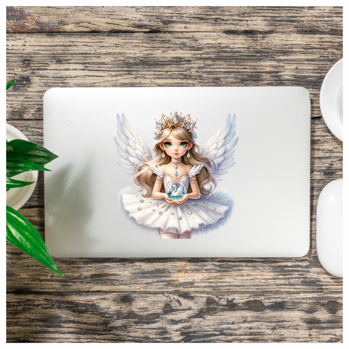 White Fairy Girl Swan Crown Vinyl Sticker Decal