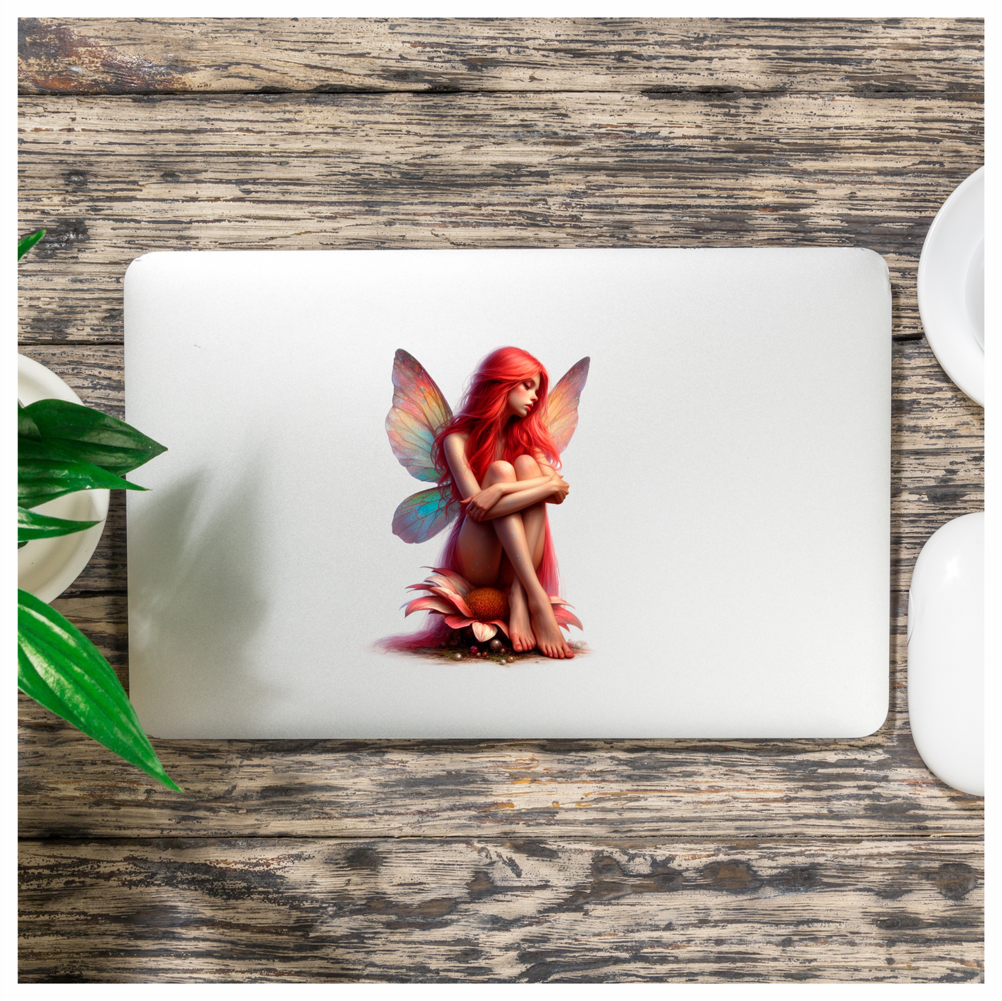 Red Fairy Sitting Flower Wings Vinyl Sticker Decal
