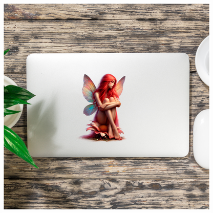 Red Fairy Sitting Flower Wings Vinyl Sticker Decal