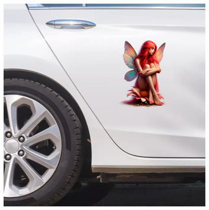 Red Fairy Sitting Flower Wings Vinyl Sticker Decal