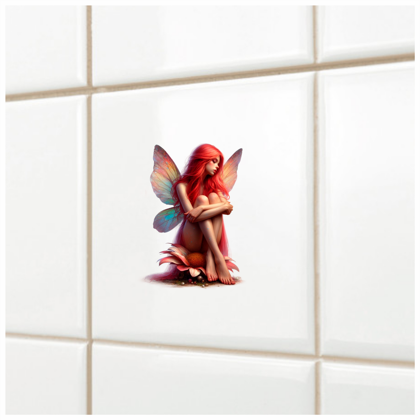 Red Fairy Sitting Flower Wings Vinyl Sticker Decal