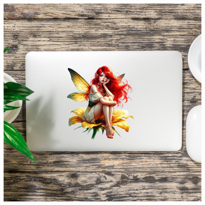 Red Fairy Yellow Flower Green Wings Vinyl Sticker Decal