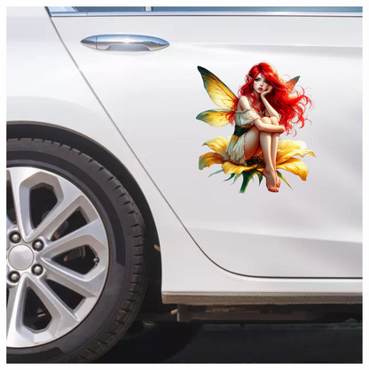 Red Fairy Yellow Flower Green Wings Vinyl Sticker Decal