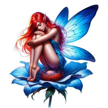 Red Fairy Sitting Blue Flower Vinyl Sticker Decal