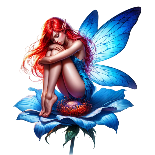 Red Fairy Sitting Blue Flower Vinyl Sticker Decal