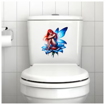 Red Fairy Sitting Blue Flower Vinyl Sticker Decal