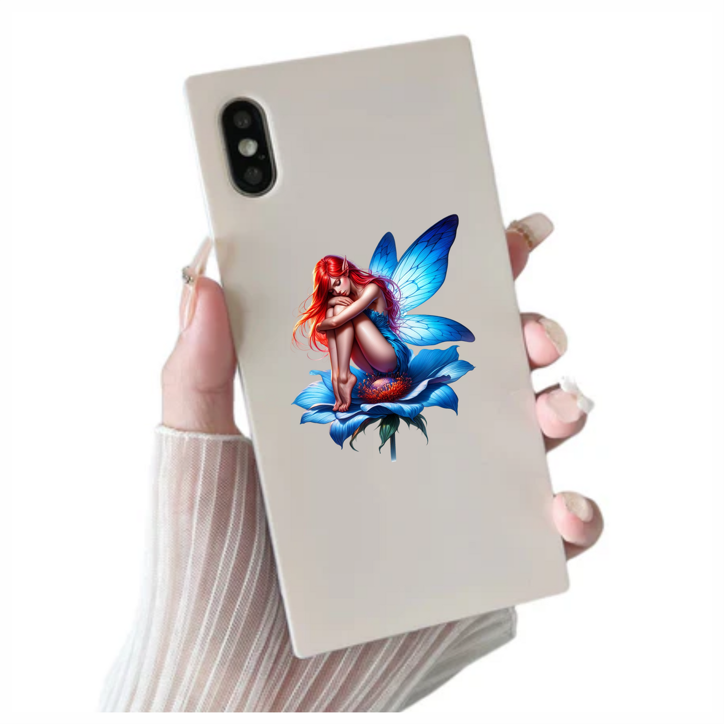 Red Fairy Sitting Blue Flower Vinyl Sticker Decal