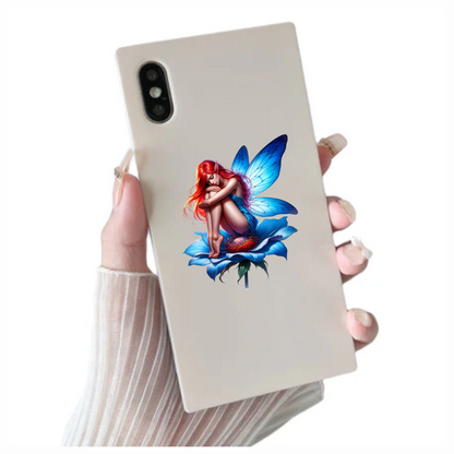 Red Fairy Sitting Blue Flower Vinyl Sticker Decal