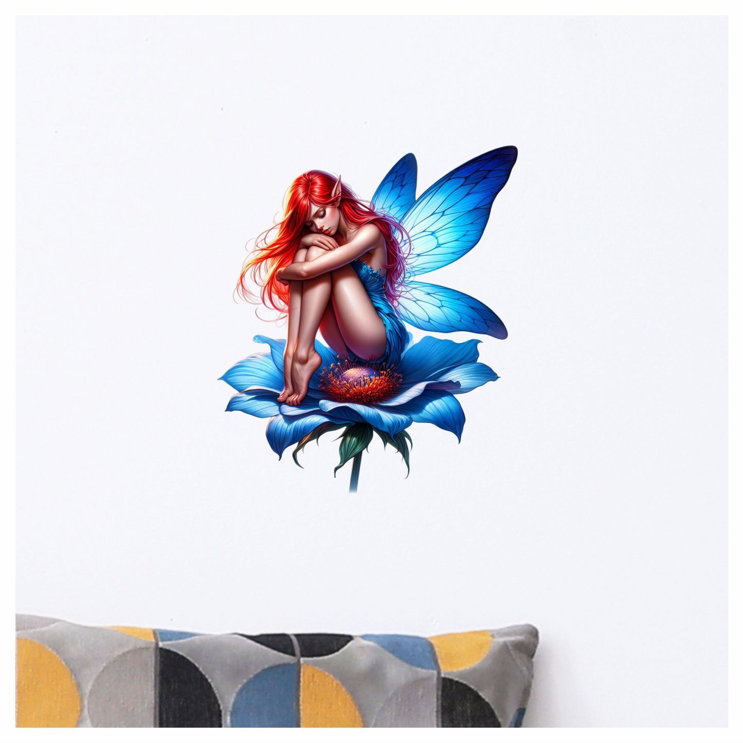 Red Fairy Sitting Blue Flower Vinyl Sticker Decal