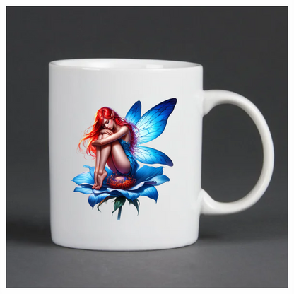 Red Fairy Sitting Blue Flower Vinyl Sticker Decal