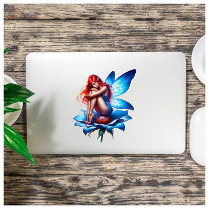 Red Fairy Sitting Blue Flower Vinyl Sticker Decal