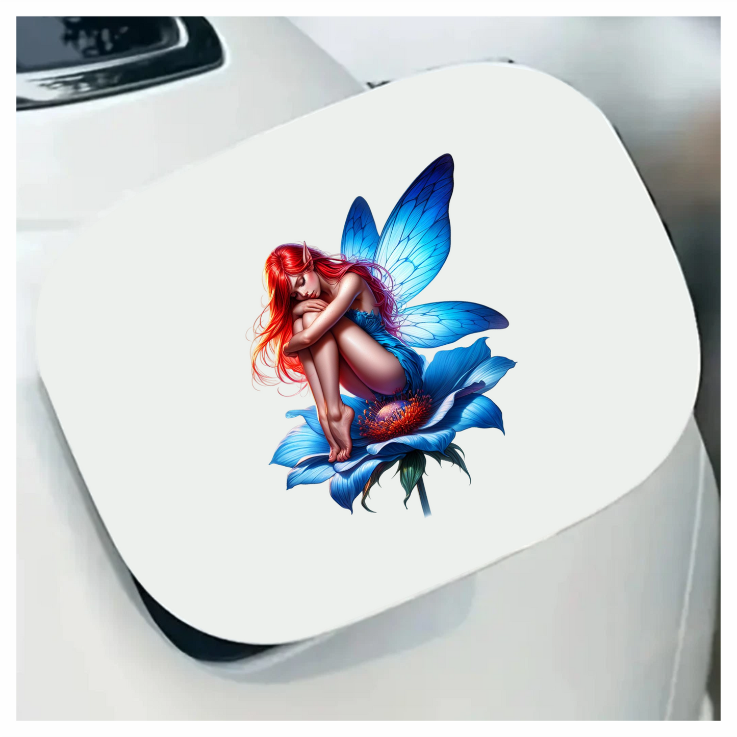 Red Fairy Sitting Blue Flower Vinyl Sticker Decal