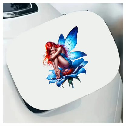 Red Fairy Sitting Blue Flower Vinyl Sticker Decal