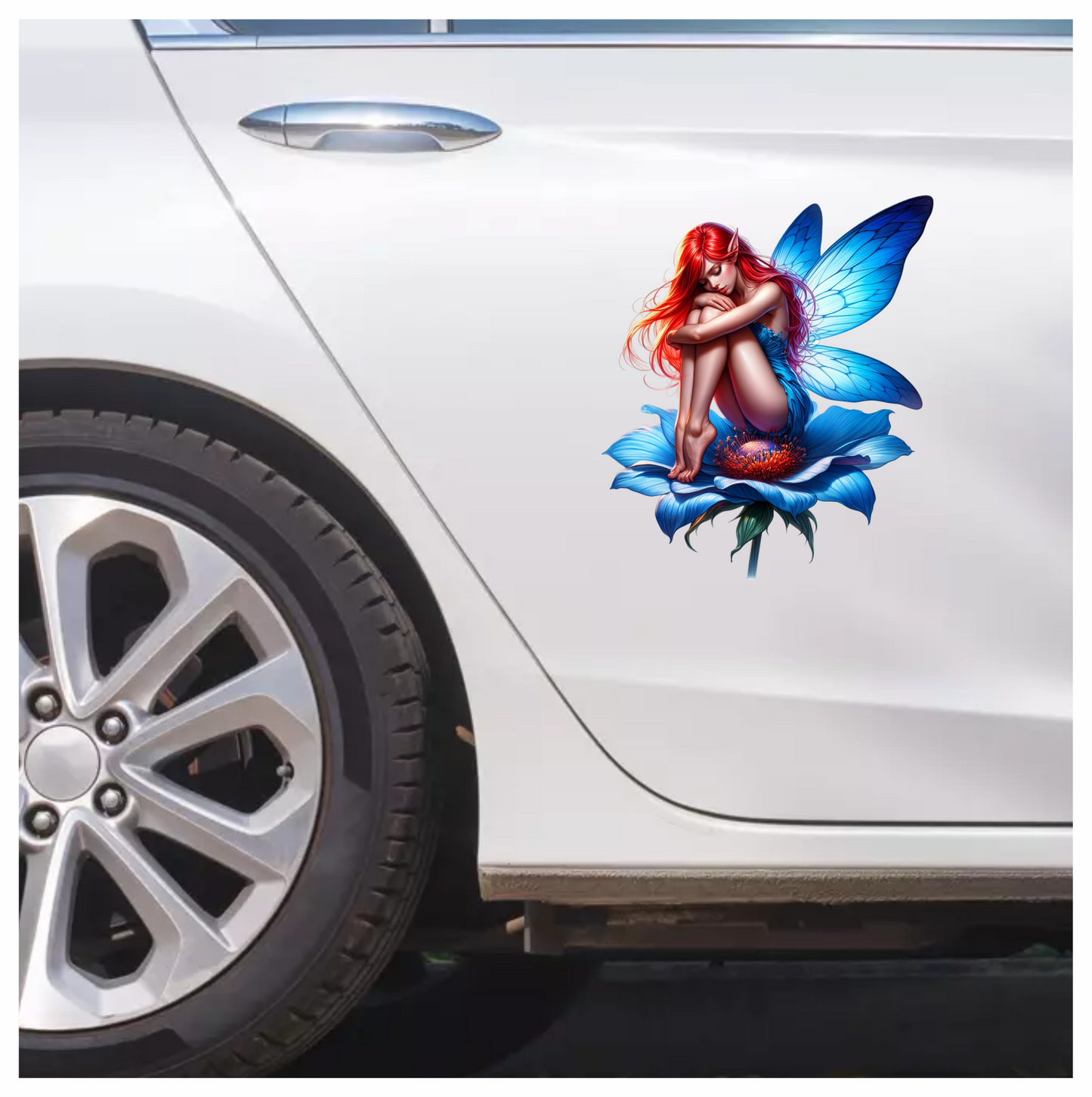 Red Fairy Sitting Blue Flower Vinyl Sticker Decal