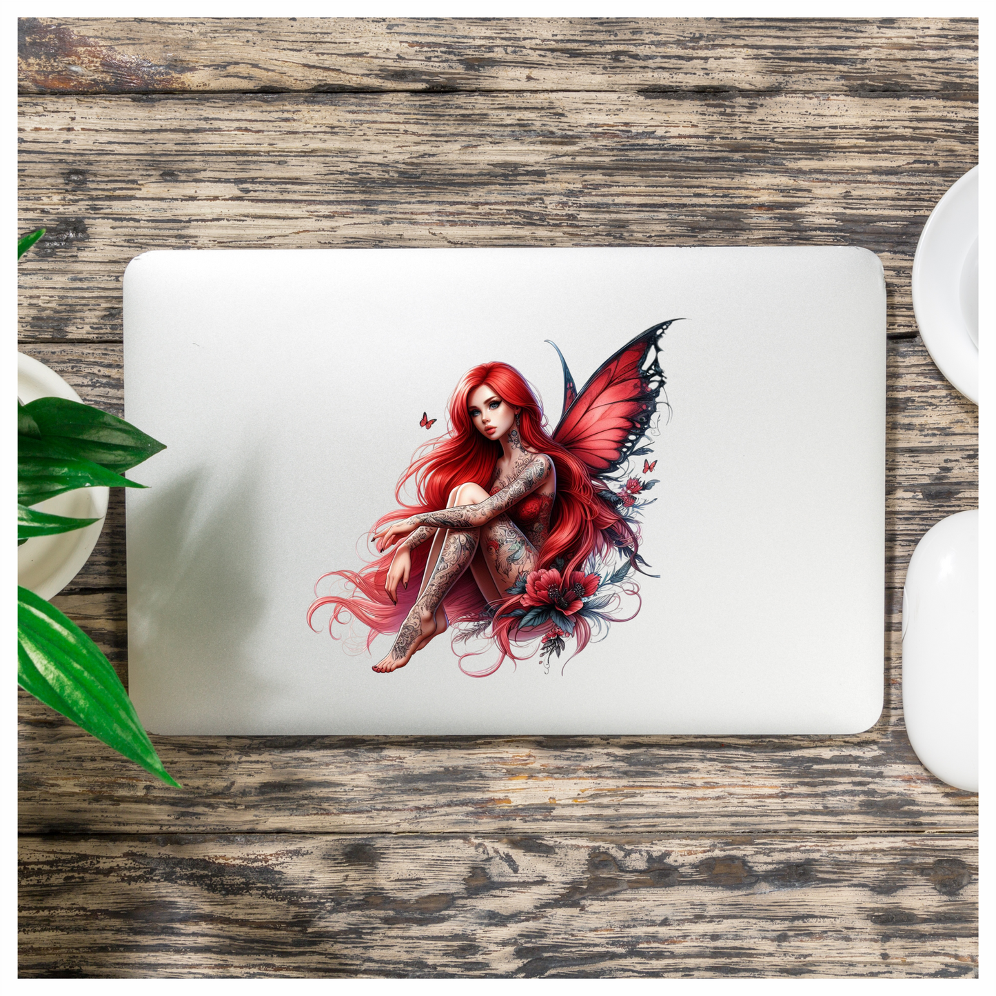Red Fairy Wings Flowers Sitting Vinyl Sticker Decal