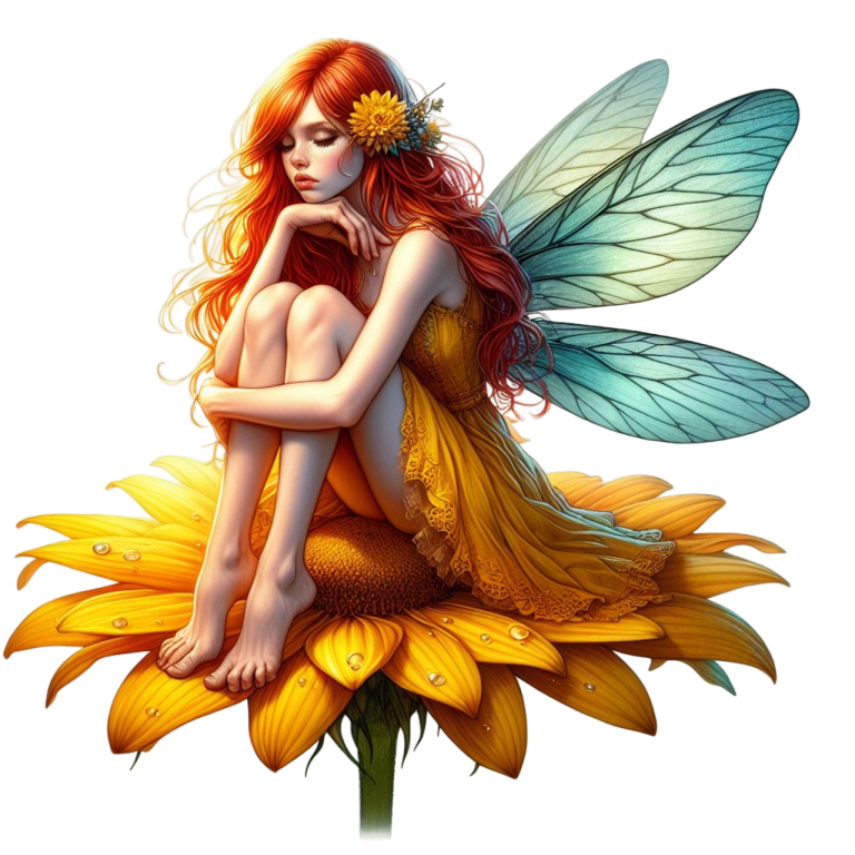 Red Fairy Sitting Flower Wings Yellow Vinyl Sticker Decal