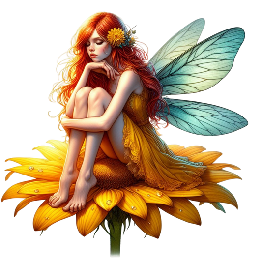 Red Fairy Sitting Flower Wings Yellow Vinyl Sticker Decal