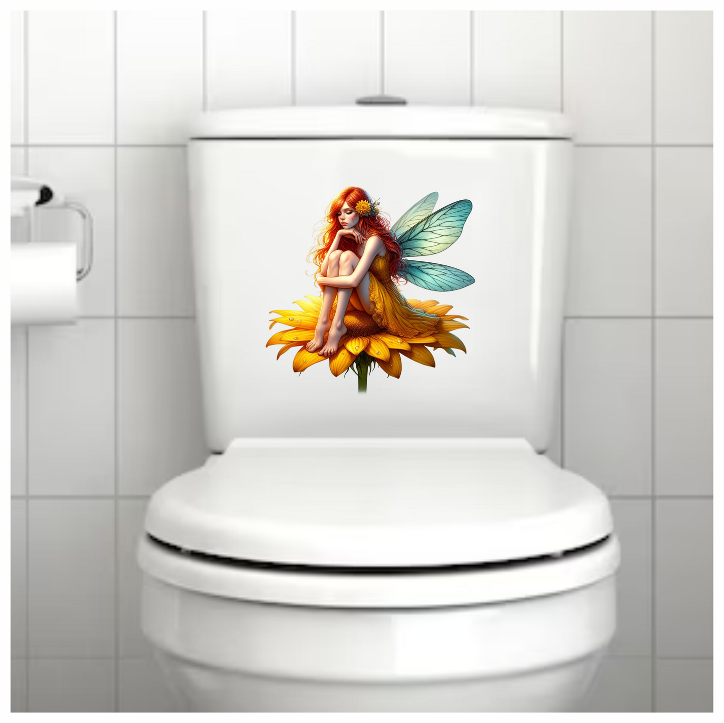 Red Fairy Sitting Flower Wings Yellow Vinyl Sticker Decal