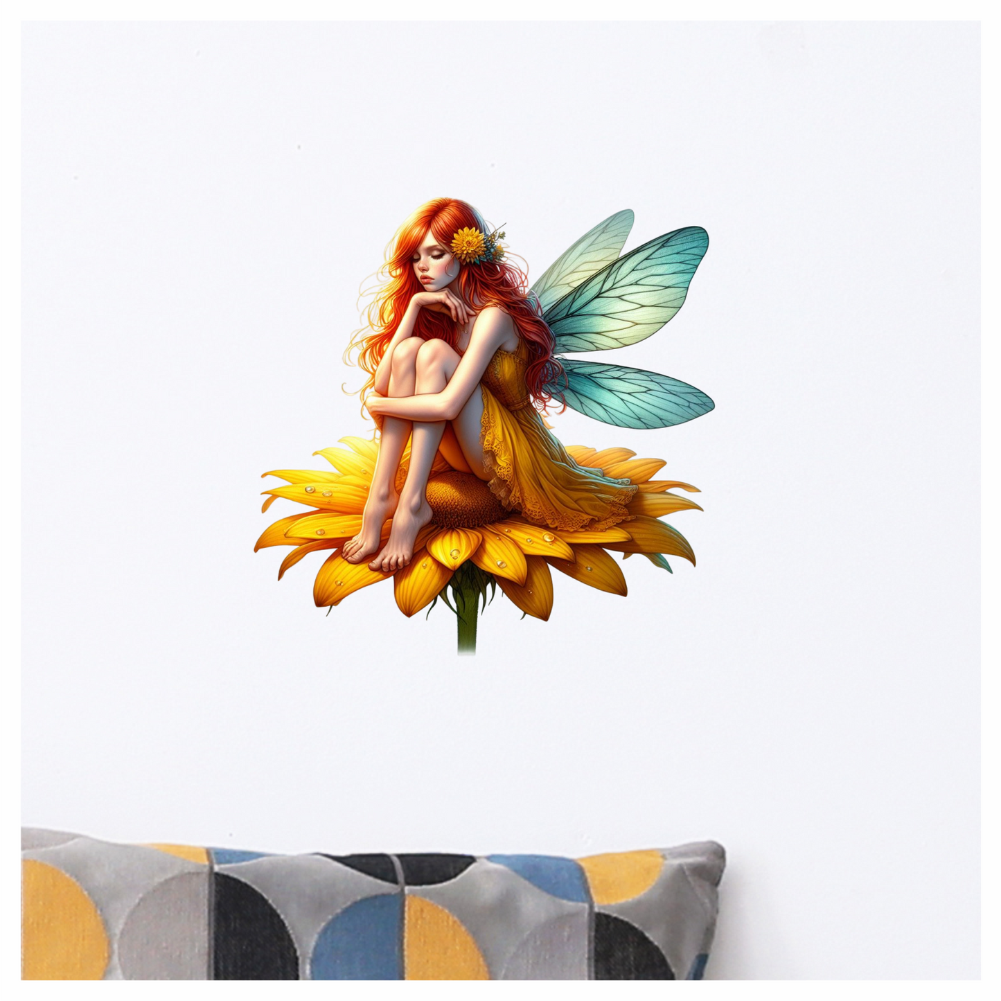 Red Fairy Sitting Flower Wings Yellow Vinyl Sticker Decal