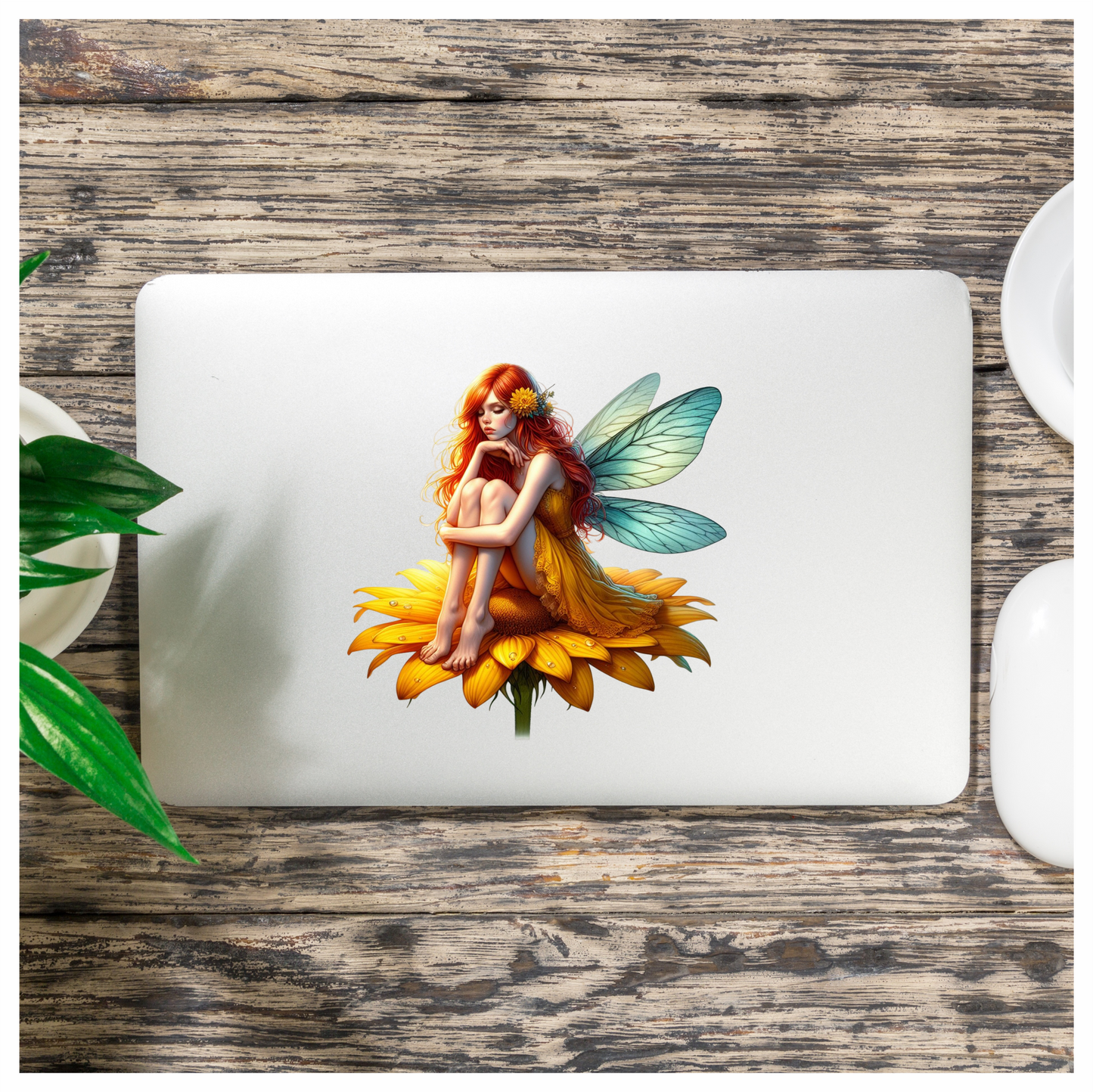Red Fairy Sitting Flower Wings Yellow Vinyl Sticker Decal