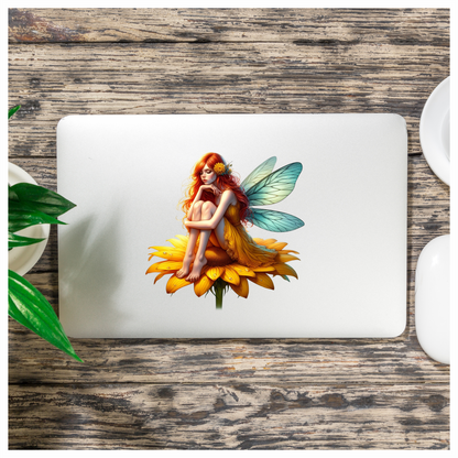 Red Fairy Sitting Flower Wings Yellow Vinyl Sticker Decal