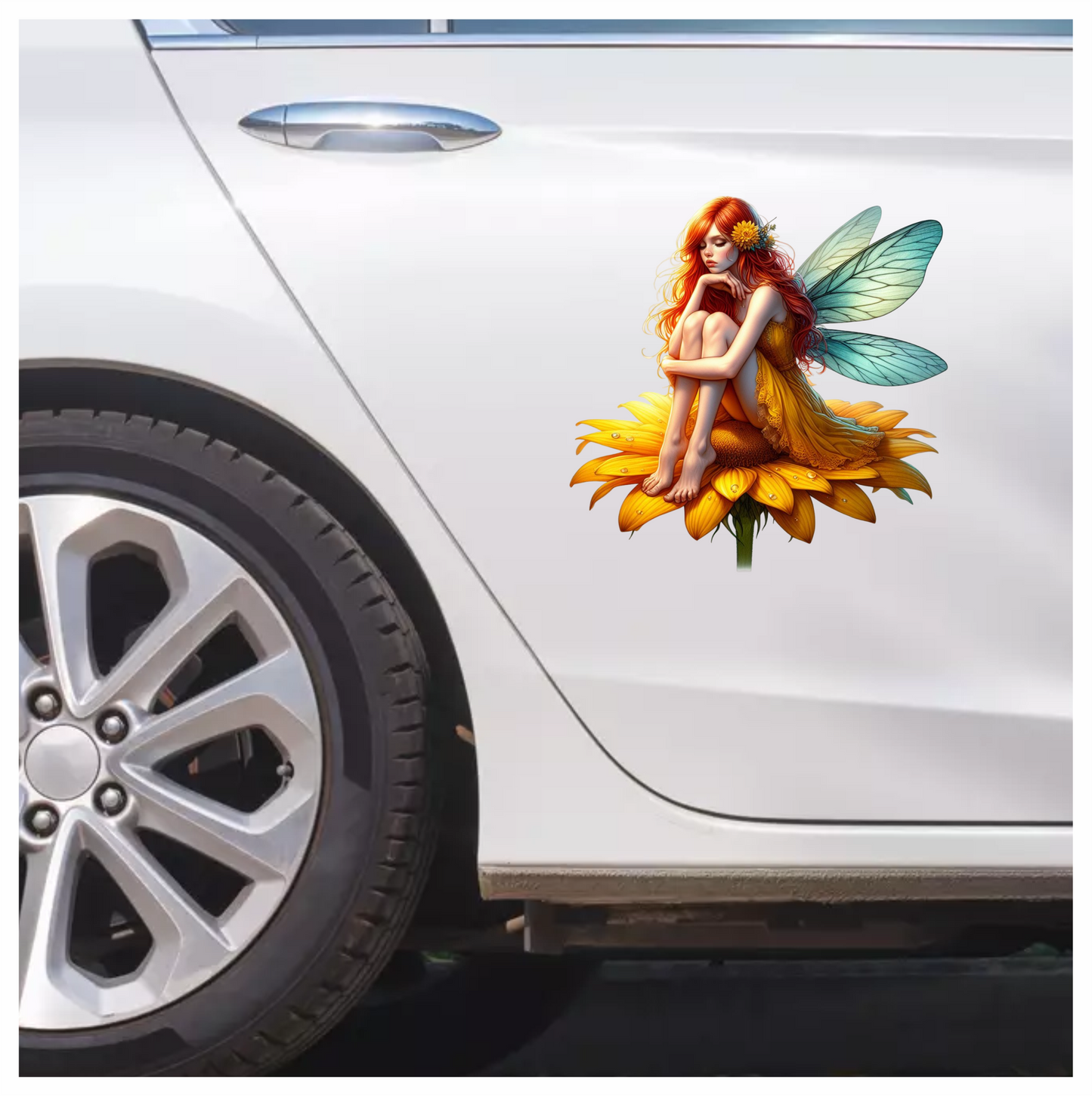 Red Fairy Sitting Flower Wings Yellow Vinyl Sticker Decal