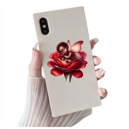 Baby Sleeping Red Flower Fairy Wings Vinyl Sticker Decal