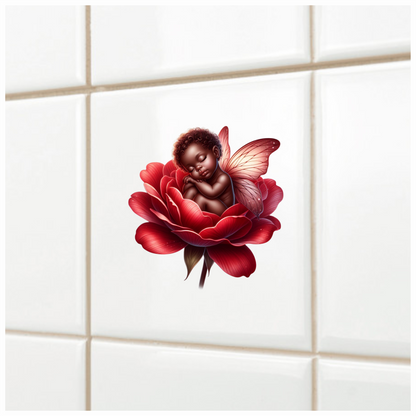 Baby Sleeping Red Flower Fairy Wings Vinyl Sticker Decal