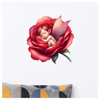 Red Fairy Baby Sleeping Rose Vinyl Sticker Decal