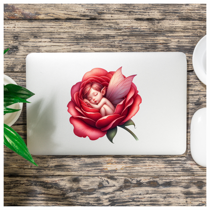 Red Fairy Baby Sleeping Rose Vinyl Sticker Decal