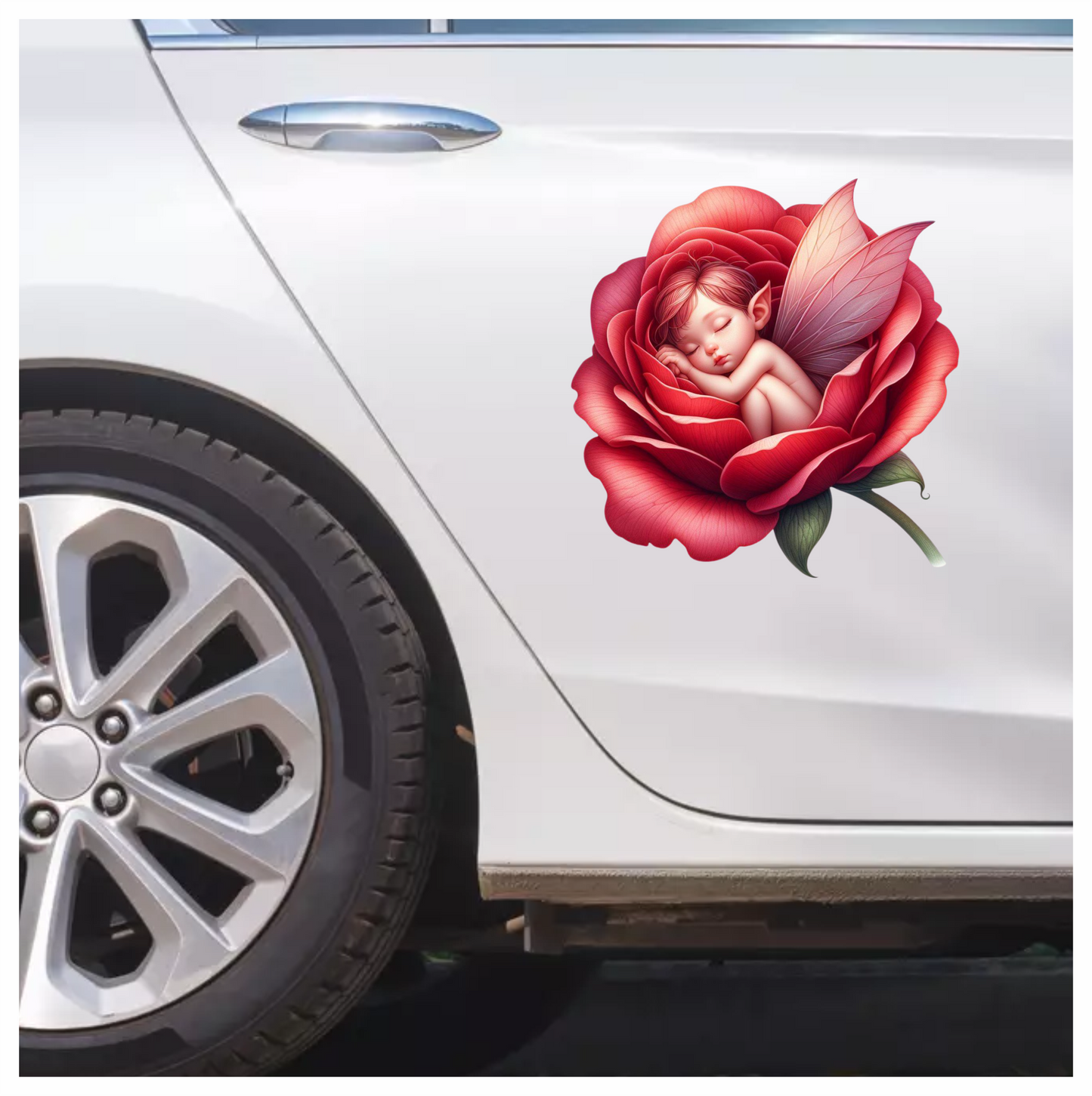 Red Fairy Baby Sleeping Rose Vinyl Sticker Decal