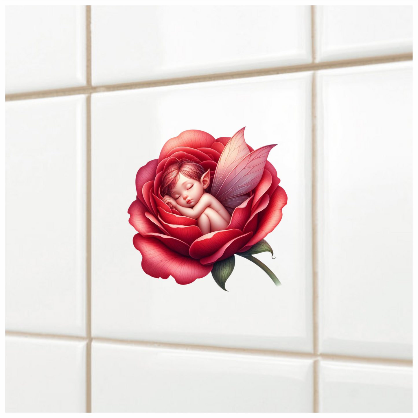 Red Fairy Baby Sleeping Rose Vinyl Sticker Decal