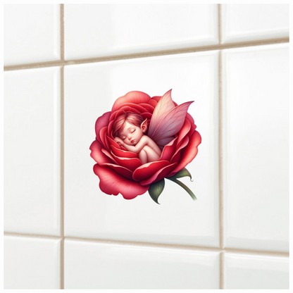 Red Fairy Baby Sleeping Rose Vinyl Sticker Decal