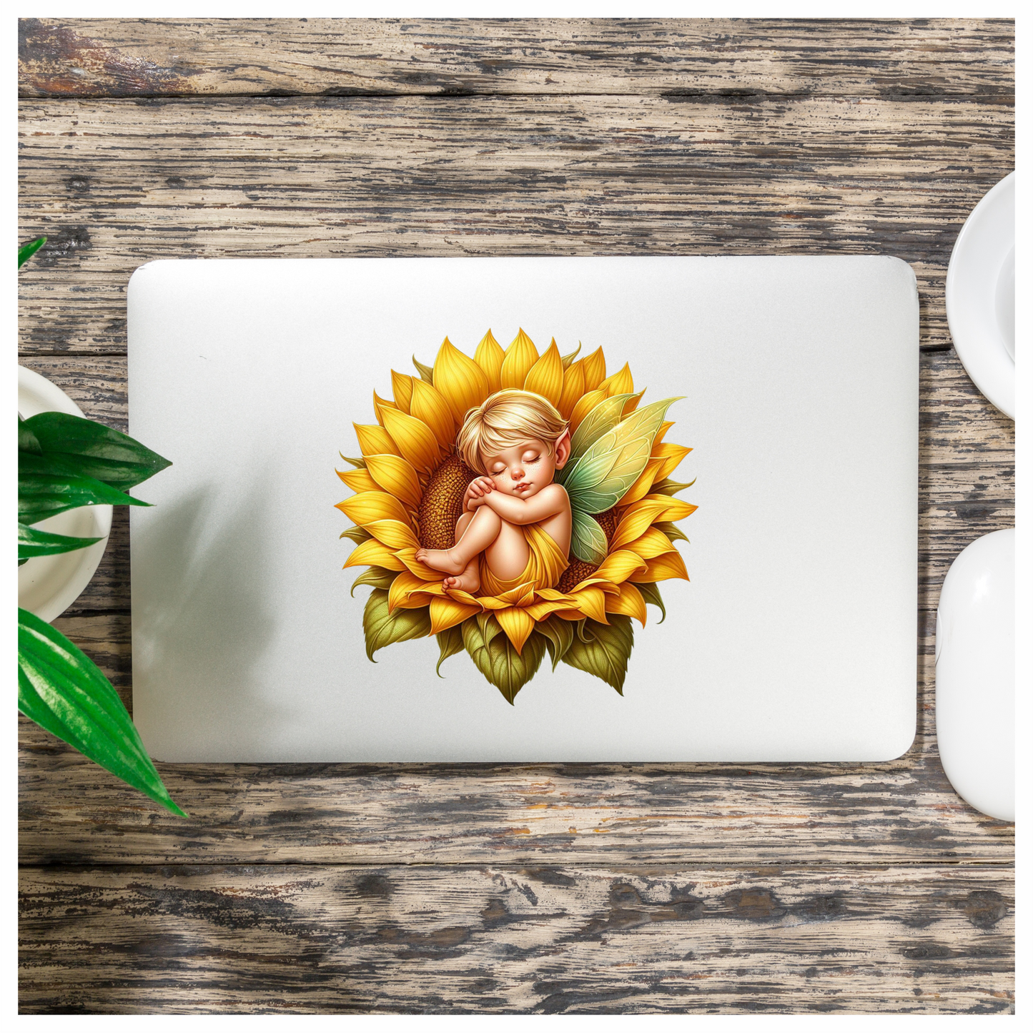 Yellow Fairy Baby Sleeping Sunflower Vinyl Sticker Decal