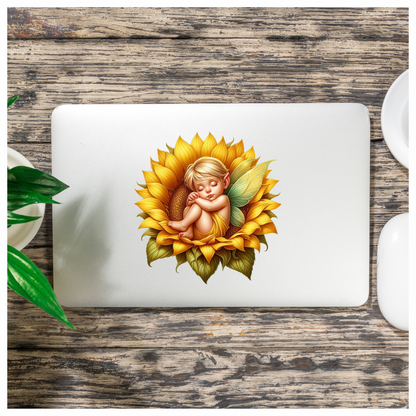 Yellow Fairy Baby Sleeping Sunflower Vinyl Sticker Decal