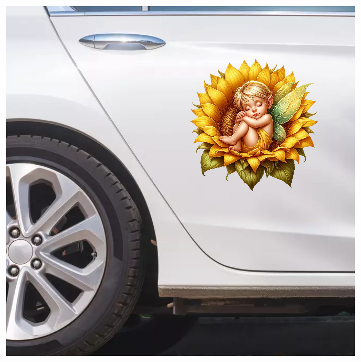 Yellow Fairy Baby Sleeping Sunflower Vinyl Sticker Decal