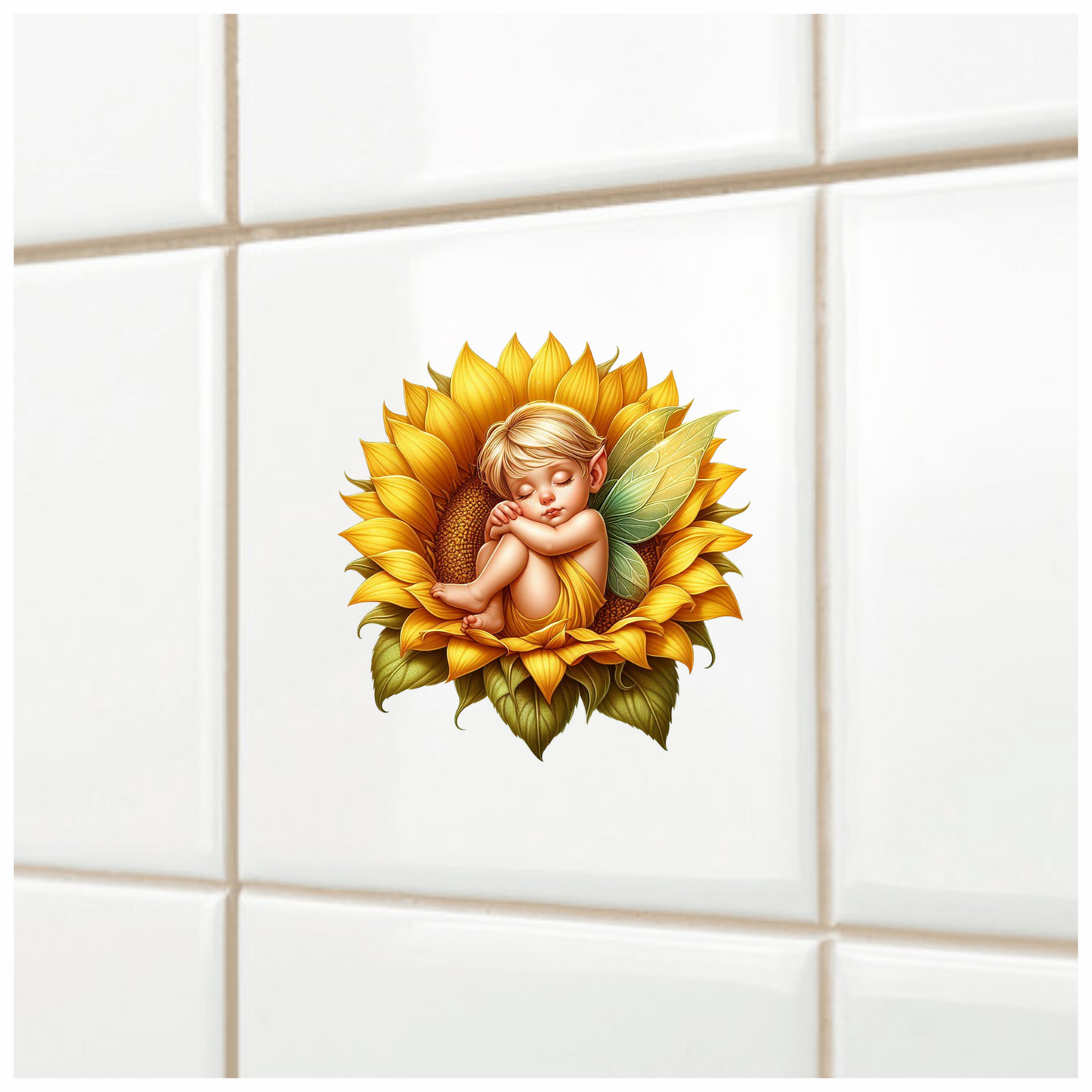 Yellow Fairy Baby Sleeping Sunflower Vinyl Sticker Decal