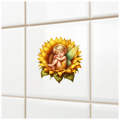 Yellow Fairy Baby Sleeping Sunflower Vinyl Sticker Decal