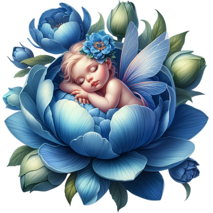 Baby Sleeping Blue Flower Fairy Wings Vinyl Sticker Decal