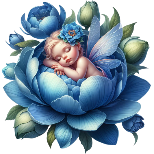 Baby Sleeping Blue Flower Fairy Wings Vinyl Sticker Decal