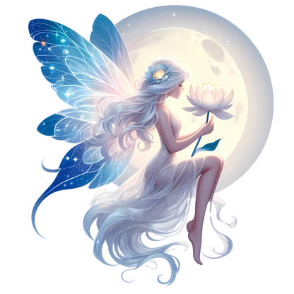 Fairy Moon White Flower Blue Wings Vinyl Sticker Decal