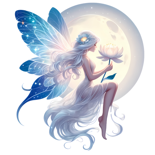 Fairy Moon White Flower Blue Wings Vinyl Sticker Decal