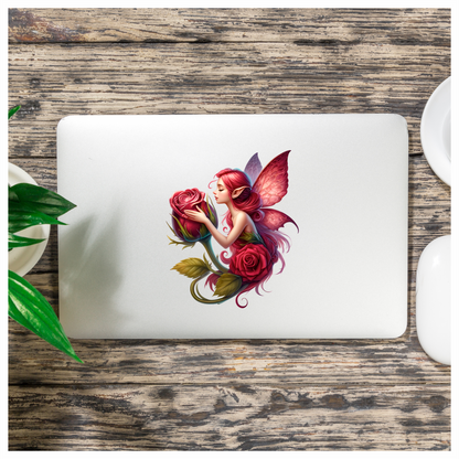 Pink Fairy Hugging Red Rose Vinyl Sticker Decal